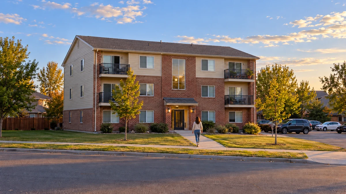 An Aurora apartment neighborhood A resident follows a front path toward a low-rise brick apartment building with shared access.
