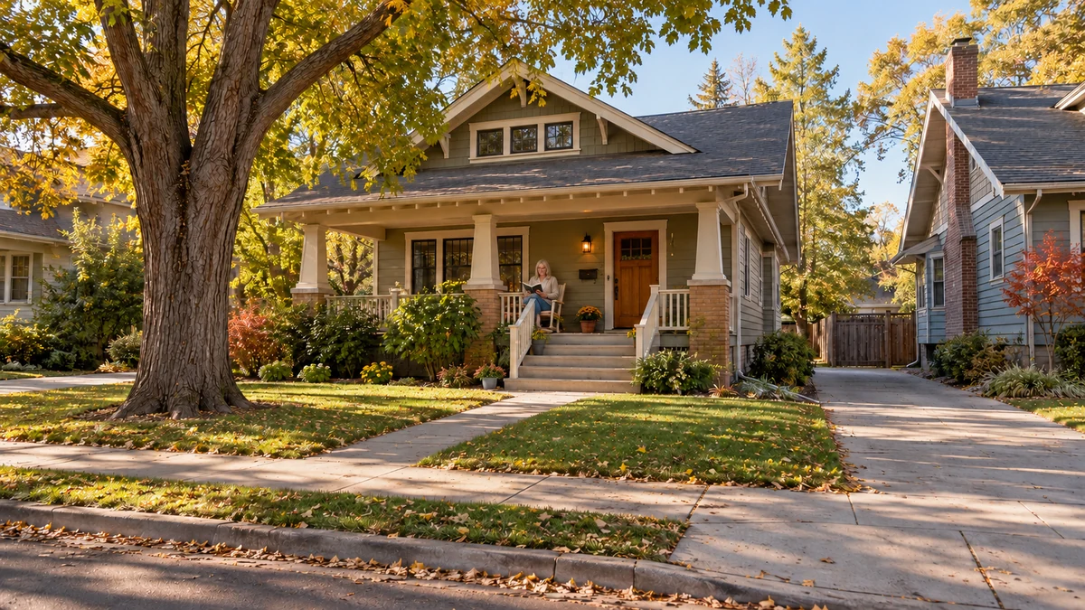 A porch afternoon in Fort Collins A resident reads on a raised porch beneath autumn trees in a Fort Collins-style neighborhood.
