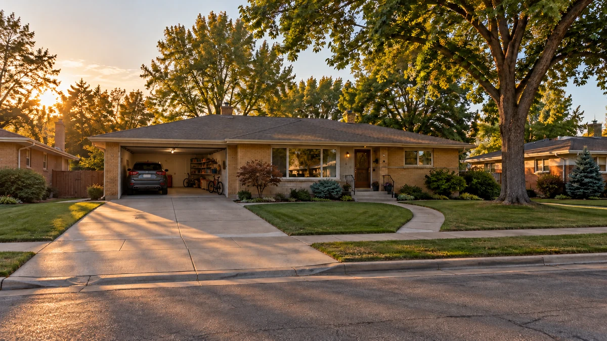 A Lakewood residential setting A single-story ranch home has a connected driveway, open garage and curved front walk.
