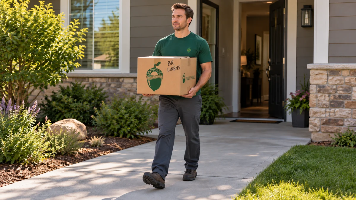 Carrying the essentials safely A mover supports a labelled linen carton from underneath while following a clear front walk.