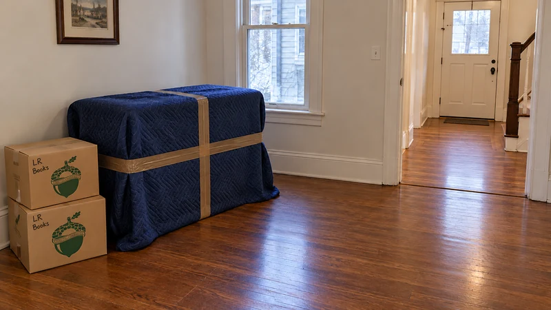 Protected furniture and identified book cartons before an Easton move A blanket-covered furniture piece and two sealed LR Books cartons stand beside an open departure route in an Easton home.