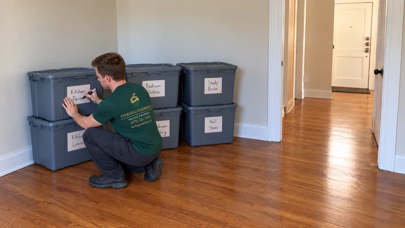 Completing room-and-contents labels before an Easton pickup A male mover finishes a Kitchen Pans paper label on a customer tote beside other room-labeled totes and a clear hallway.