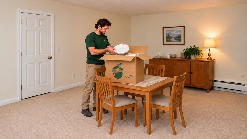 Prepare selected dishes while breakfast stays available An adult male employee supports a paper-protected plate over a cushioned medium carton on a complete padded oak table while two breakfast mugs remain apart on a cabinet.