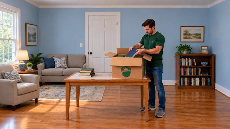 Prepare only the selected household books A male employee supports one blue hardback at an open small book carton on an ordinary padded table; a selected stack sits apart and other books remain on a background shelf.