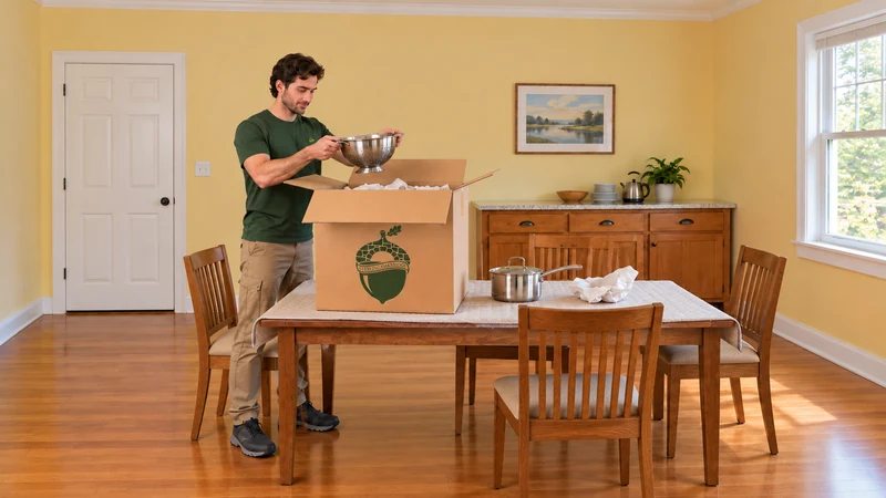 Make daily cookware accessible on a suitable table A male employee supports a small stainless colander above an open medium carton while a saucepan and used white paper rest on the cleared ordinary table.