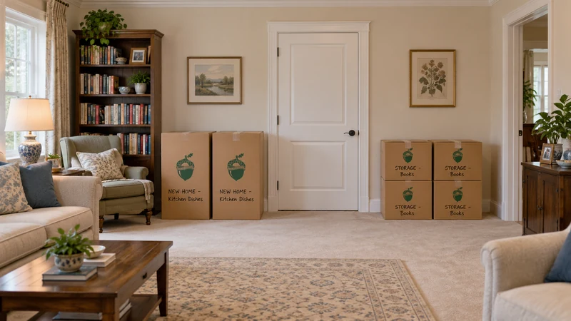 Distinguish the next receiver with written labels Four sealed floor cartons in two unoccluded pairs carry green acorn artwork and separate white labels: blue NEW HOME - Kitchen on the left and green STORAGE - Books on the right.