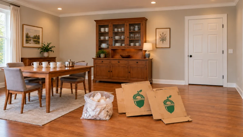 Keep checked empty packaging apart from daily contents Two empty collapsed used cartons and a separate open clear sack of used white paper rest apart from four mugs and a saucepan on a whole ordinary table; no person or full shipment carton is present.