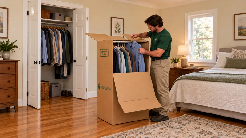 Transfer hanging clothes through the open wardrobe front, keeping its folding panel and closet route clear. Transfer hanging clothes through the open wardrobe front, keeping its folding panel and closet route clear.
