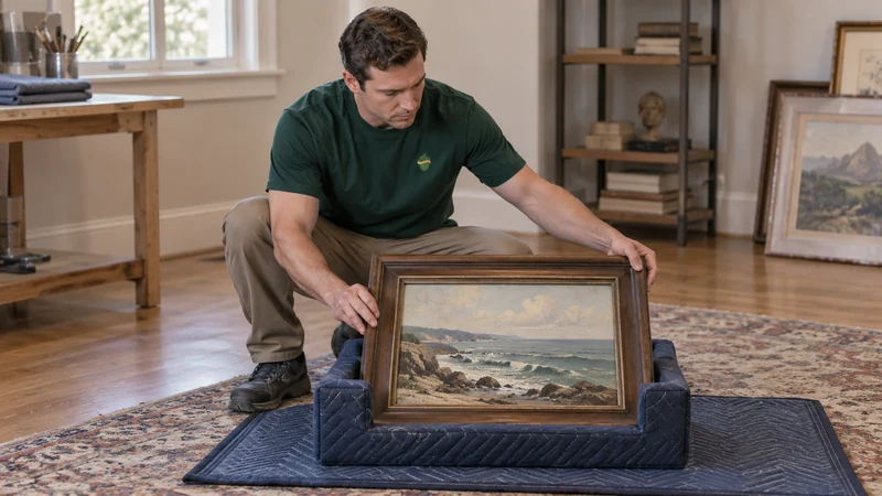 A mover reviews a small framed seascape print on a padded support.