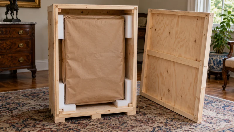 A paper-covered frame is supported inside an open reinforced plywood crate.