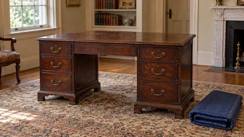 An empty antique writing desk stands beside a folded moving quilt.