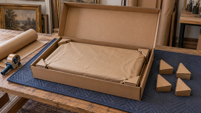 A shallow double-wall soft crate surrounds a closed paper-covered frame.