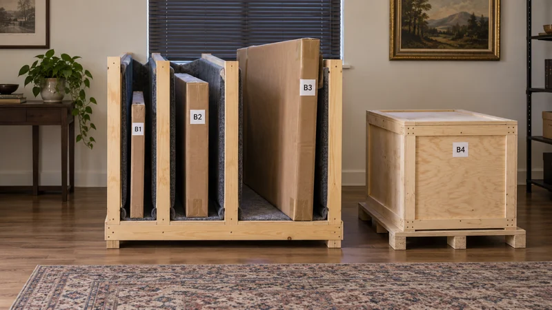 Closed artwork packages occupy separate padded rack slots beside a closed crate.