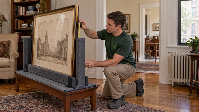 Glazed print and frame review A mover measuring the outside dimensions of a glazed lithograph frame.