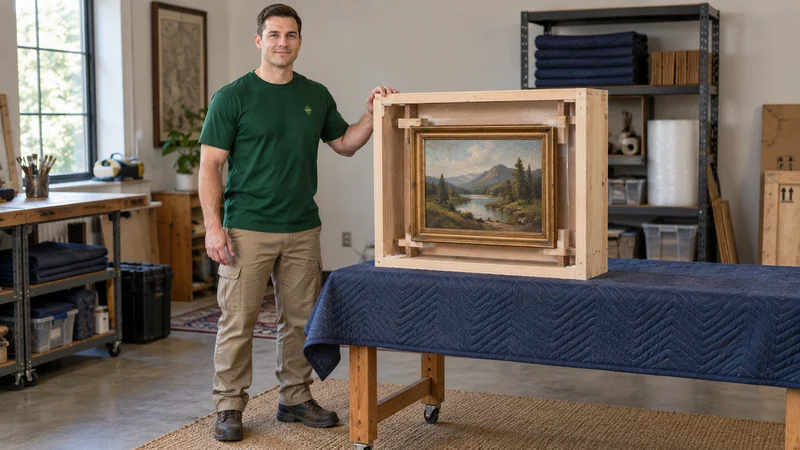 Clearance around a painting A mover showing a framed painting supported inside an open wooden travel frame.