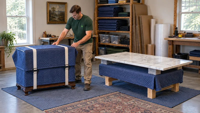 Antique cabinet and stone top A quilt-protected wooden chest and a separately supported stone top during preparation.