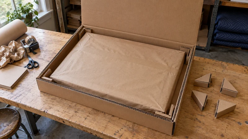 Fitted double-wall cardboard enclosure Double-wall cardboard panels surround a paper-blanket-protected framed print.