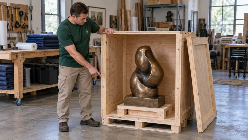 Support inside a wooden crate A bronze sculpture sits on broad supports inside an open plywood crate.