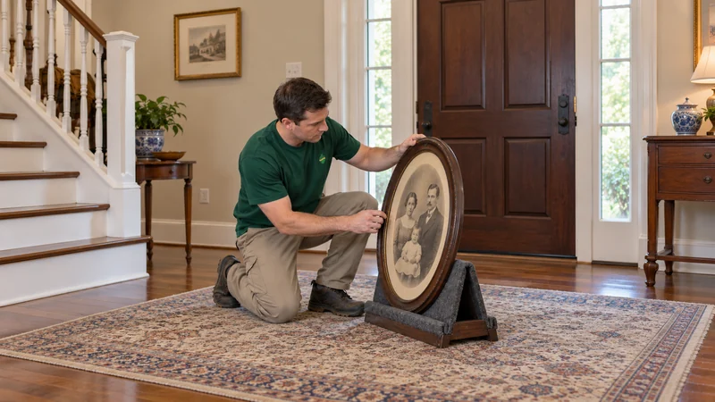 A mover checks a framed family portrait beside an apartment landing.