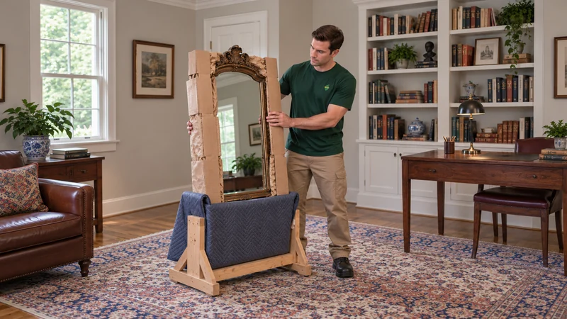 A mover steadies a carved mirror by its protected outside frame.