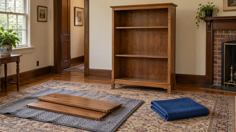 An empty oak bookcase stands ready for quilt protection with loose shelves removed.
