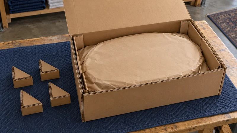 Folded picture corners sit beside a fitted cardboard enclosure for a prepared oval frame.