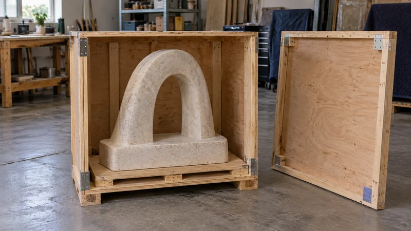 A compact limestone sculpture rests on broad supports in an open wooden crate.