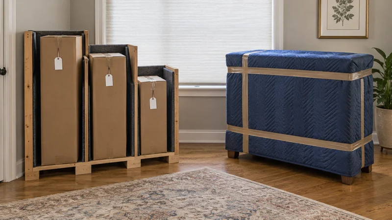 Three closed artwork enclosures stand in separate padded rack slots.