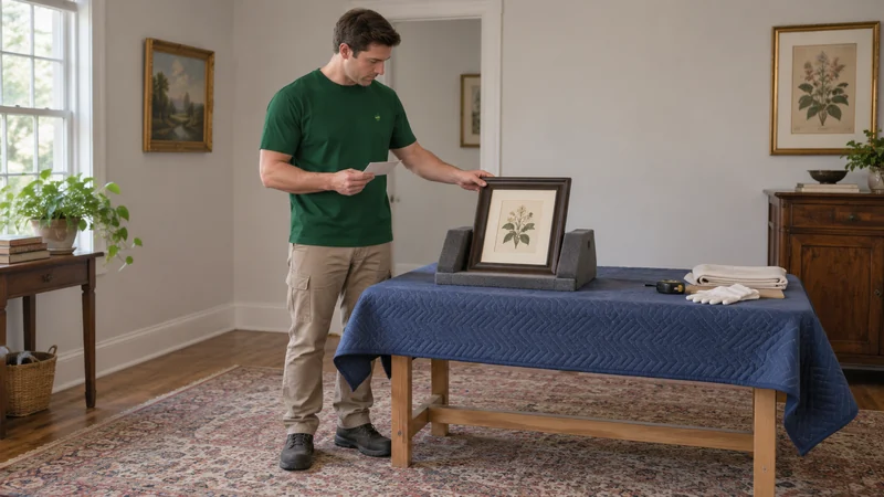 Check a glazed family print A mover checks a framed print on a padded support before packing.