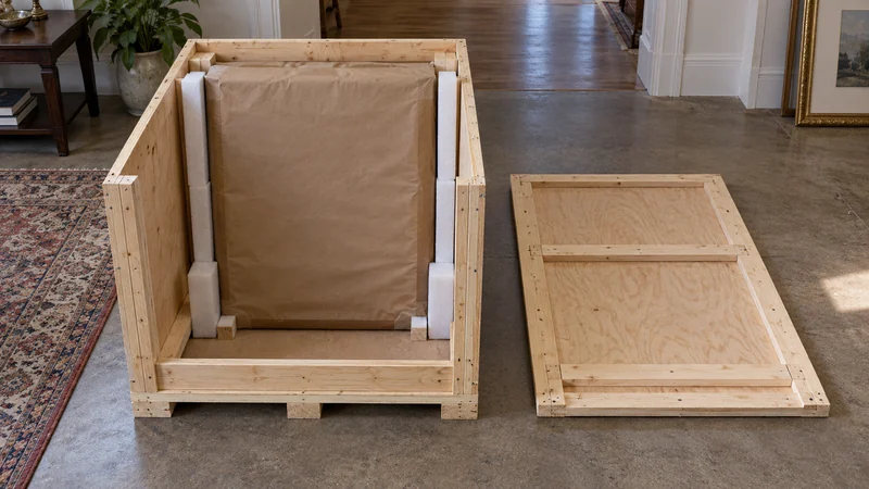Review a wooden enclosure before closure A paper-covered framed piece sits in an open reinforced plywood crate.
