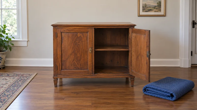 Inspect an antique cabinet before protection A bare antique veneered cabinet stands beside a folded quilt.