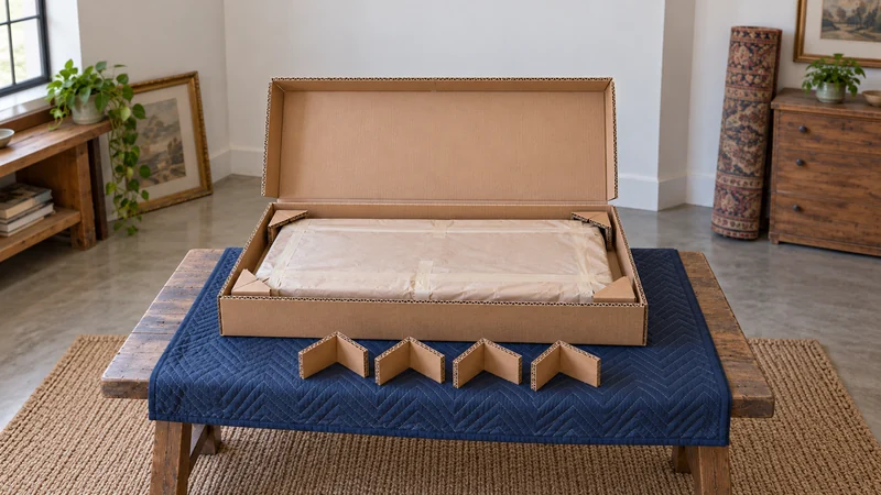 Fit a paper-covered frame inside a soft crate A paper-covered frame and fitted corners sit inside a shallow double-wall carton.