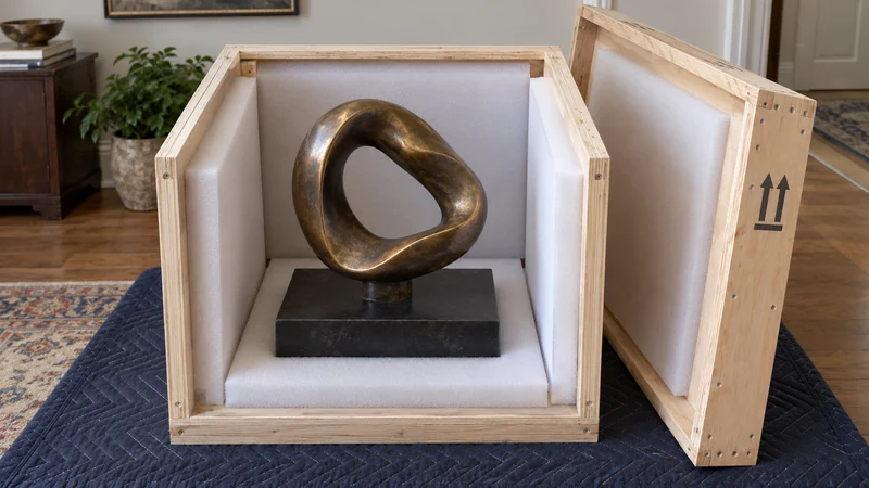 Support a bronze form from its base A small bronze abstract loop on a broad plinth sits in an open lined crate.