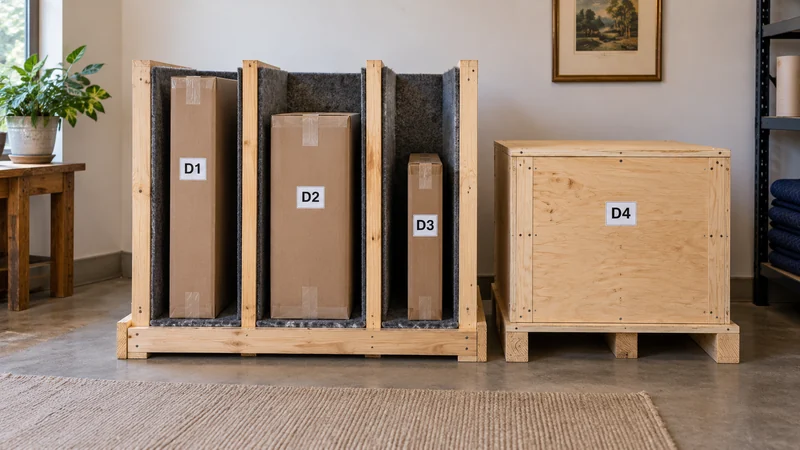 Identify packages through suitable holding Closed identified artwork packages occupy separate padded rack slots.