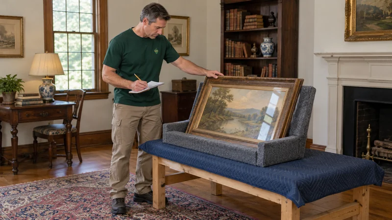 A mover examines the frame of a glazed landscape before packing.