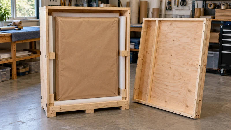 An open wooden crate supports a closed paper-covered framed work at suitable frame points.