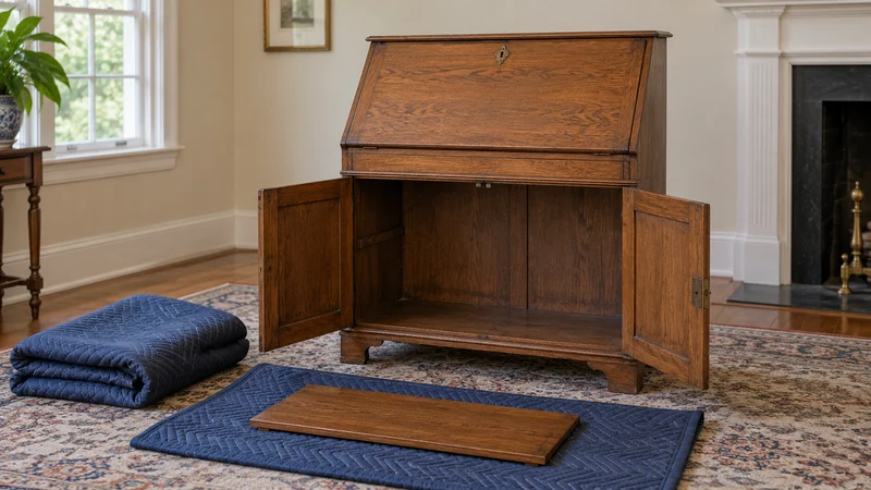 An antique secretary stands empty with a removable shelf resting on a quilt.