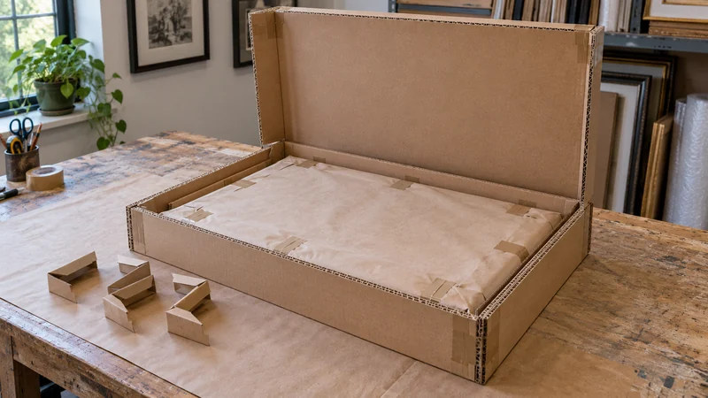 A completely paper-covered frame sits inside a fitted double-wall cardboard enclosure.