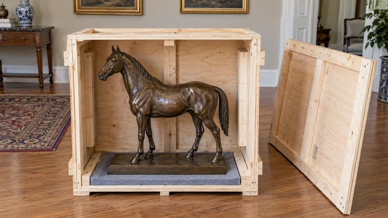 A compact bronze horse on a broad plinth sits inside an open fitted plywood crate.