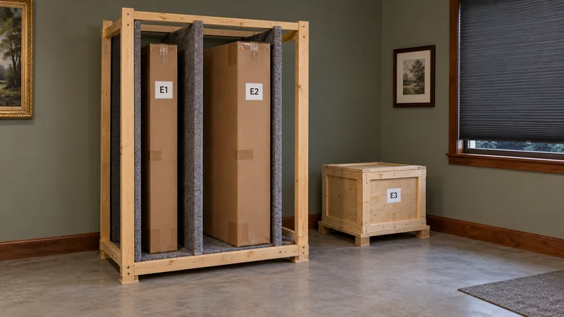 Two labelled closed artwork packages stand in separate padded rack slots beside a closed crate.