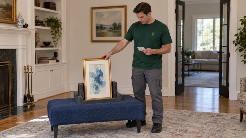 Record condition before protecting a frame A mover reviews a small glazed framed drawing on a padded support.