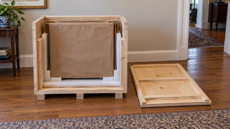 Check initial fit in a wooden crate A paper-covered framed work is supported inside an open wooden enclosure.