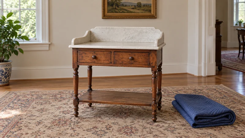 Inspect a stone-top antique before wrapping A bare antique washstand with a stone top stands beside a folded quilt.
