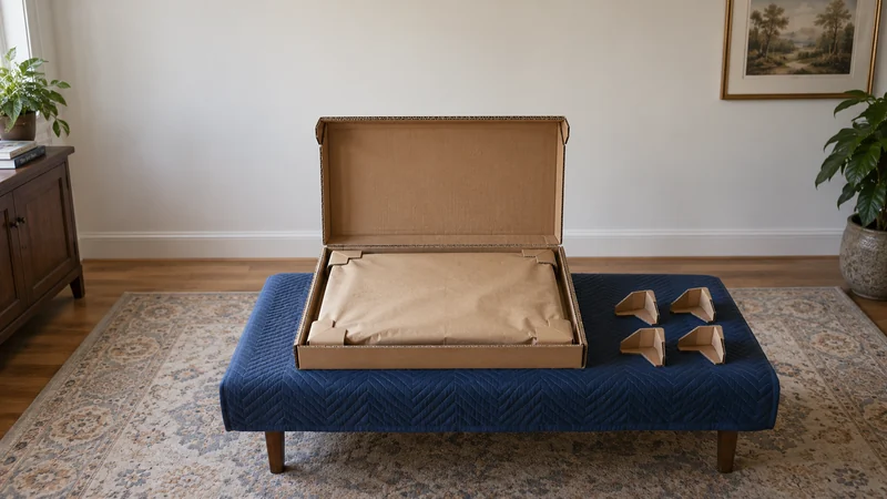 Prepare a fitted double-wall soft crate A closed paper-covered framed work fits inside a shallow cardboard enclosure.
