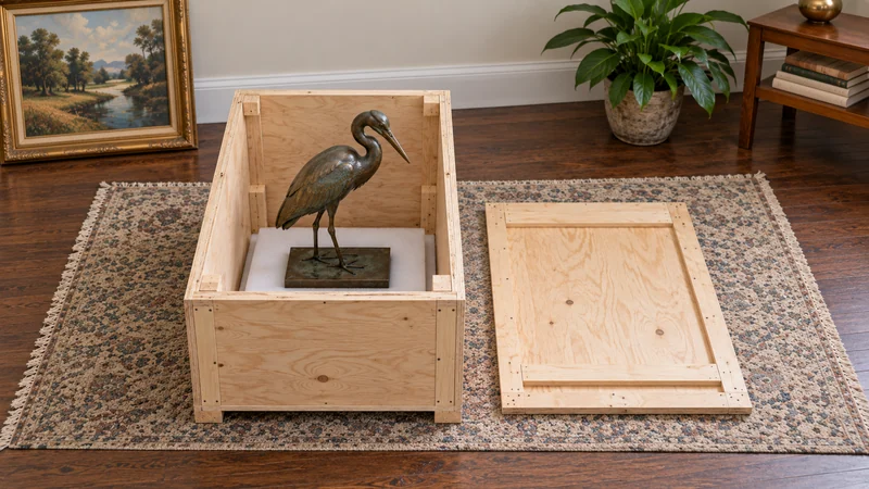 Review support around a sculpture’s base A small bronze heron on a broad plinth sits inside an open lined crate.