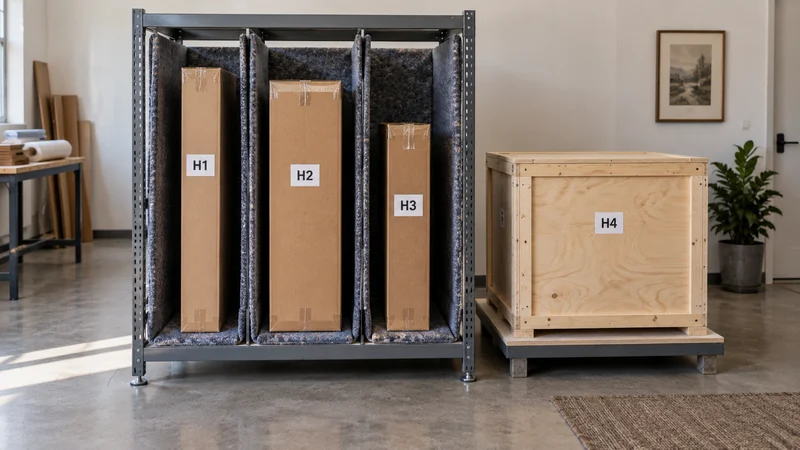 Keep holding packages connected to their inventory Closed identified artwork packages stand in separate padded rack slots.