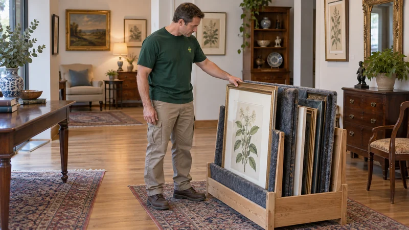 Print and glazing review A mover reviews a botanical print's outside frame and glazing.
