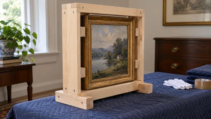 A support frame keeps materials clear An open wooden travel frame surrounds a framed painting with surface clearance.