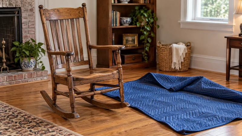Antique chair and quilt preparation A quilt is ready beside an empty antique wooden chair.