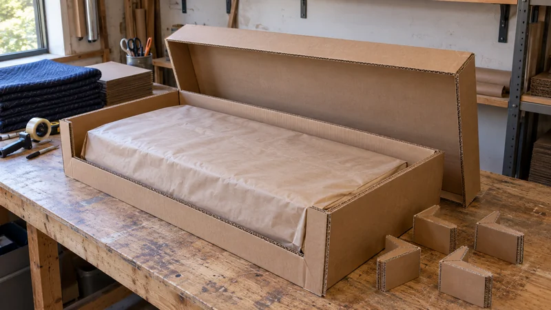 Complete cardboard protection Folded corners and fitted double-wall panels protect a prepared picture.